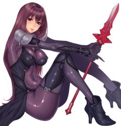 Rule 34 | 1girl, armor, blush, bodysuit, breasts, covered navel, fate/grand order, fate (series), gae bolg (fate), hair between eyes, hifumi (art sky littel), highres, knees up, large breasts, long hair, looking at viewer, pauldrons, polearm, purple bodysuit, purple hair, red eyes, scathach (fate), shoulder armor, simple background, sitting, solo, spear, thighs, weapon, white background