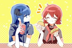 Rule 34 | 2girls, :t, ^ ^, arknights, blue eyes, blue hair, blue nails, blush, burger, closed eyes, cup, drinking straw, exusiai (arknights), facing viewer, food, grey shirt, halftone, hand up, hands up, holding, holding cup, holding food, horns, liu (-liu), long hair, looking at another, mostima (arknights), multiple girls, nail polish, neckerchief, outline, red hair, red neckerchief, shirt, sidelocks, smile, upper body, white outline, yellow background