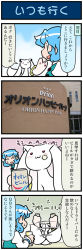 Rule 34 | 1girl, 4koma, artist self-insert, beer can, blue hair, blush stickers, building, can, closed eyes, comic, commentary request, drink can, foam, gradient background, highres, kyubey, mahou shoujo madoka magica, mahou shoujo madoka magica (anime), mizuki hitoshi, open mouth, orion beer, photo (medium), red eyes, sign, smile, sweatdrop, tail, tail wagging, tatara kogasa, touhou, translation request