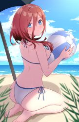 Rule 34 | 1girl, ass, back, balloon, bare legs, bare shoulders, beach, bikini, blue eyes, blush, breasts, brown hair, colored skin, feet, go-toubun no hanayome, head tilt, highres, kneeling, large breasts, long hair, looking at viewer, nakano miku, ocean, profnote, sitting, solo, swimsuit, thighs, toes, water, white skin