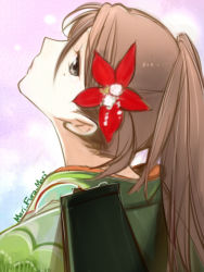 Rule 34 | 10s, 1girl, amagi (kancolle), brown eyes, brown hair, flower, from behind, furisode, hair between eyes, hair flower, hair ornament, japanese clothes, kantai collection, kimono, long hair, looking at viewer, mole, mole under eye, ponytail, primary stage, shaft look, solo