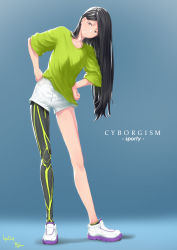 Rule 34 | 1girl, black hair, brown eyes, commentary, cyborg, full body, hands on own hips, highres, leaning to the side, long hair, long legs, looking at viewer, original, prosthesis, prosthetic leg, short shorts, shorts, simple background, smile, solo, tafuu (tortafu)