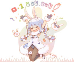 Rule 34 | &gt; &lt;, 1girl, animal ear fluff, animal ears, arms up, black gloves, black leotard, black pantyhose, black thighhighs, blue hair, bow, braid, bridal garter, buck teeth, carrot hair ornament, chibi, closed eyes, coat, commentary, commentary request, detached sleeves, don-chan (usada pekora), dress, food-themed hair ornament, full body, fur-trimmed coat, fur-trimmed gloves, fur trim, gloves, hair bow, hair ornament, hololive, kuro (kuroneko no kanzume), leotard, long hair, mons pubis, multicolored hair, open mouth, pantyhose, pekomon (usada pekora), rabbit ears, rabbit girl, rabbit tail, short eyebrows, smile, strapless, strapless leotard, sunglasses, symbol-only commentary, teeth, thick eyebrows, thigh strap, thighhighs, twin braids, two-tone hair, usada pekora, usada pekora (1st costume), virtual youtuber, white background, white bow, white coat, white hair, youtube logo, | |
