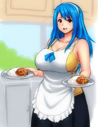 Rule 34 | 1girl, apron, bare shoulders, black skirt, blue hair, breasts, chemise, cleavage, collarbone, cowboy shot, curry, curry rice, erkaz, food, hairband, holding, holding plate, huge breasts, kitchen, long hair, looking at viewer, mature female, aged up, original, plate, plump, red eyes, rice, rina atherina, skirt, smile, solo