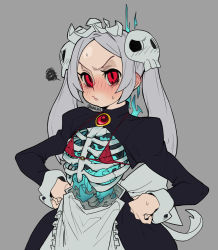 Rule 34 | 1girl, :/, annoyed, apron, bikini, bloody marie (skullgirls), blush, brooch, embarrassed, full-face blush, grey background, hands on own hips, highres, jewelry, long hair, looking at viewer, micro bikini, o-ring, o-ring top, red eyes, ribs, silver hair, simple background, skeleton, skullgirls, solo, squiggle, swimsuit, twintails, v-shaped eyebrows, very long hair, waa153, waist apron