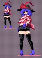 Rule 34 | 1girl, :&gt;, black hat, black skirt, black thighhighs, blue footwear, blue gloves, blue hair, bow, checkered background, commentary request, frills, from behind, full body, gloves, hat, hat bow, high heels, looking at viewer, miniskirt, nagae iku, namako daibakuhatsu, pencil skirt, pink shirt, pixel art, red bow, red eyes, shiny clothes, shirt, shoes, skirt, standing, thighhighs, thighs, touhou
