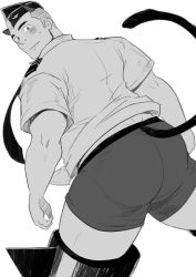Rule 34 | 1boy, absol (dkqthf), animal ears, ass, bara, blush, boxers, cat boy, cat ears, cat tail, check copyright, copyright request, crotchless, crotchless pants, edging underwear, feet out of frame, from behind, greyscale, hat, looking at viewer, looking back, male focus, male underwear, monochrome, muscular, muscular male, necktie, original, pants, short hair, sideburns, solo, spikes, tail, tail raised, thick thighs, thighs, underwear