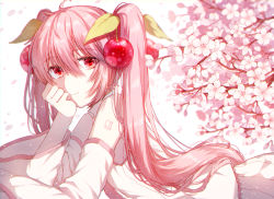 Rule 34 | 1girl, bare shoulders, branch, cherry, cherry blossoms, cherry hair ornament, commentary, deep (deep4946), detached sleeves, falling petals, flower, food, food-themed hair ornament, fruit, hair ornament, hand on own cheek, hand on own face, hatsune miku, head rest, highres, long hair, looking at viewer, lying, necktie, on stomach, petals, pink eyes, pink hair, sakura miku, shirt, shoulder tattoo, skirt, sleeveless, sleeveless shirt, smile, solo, tattoo, twintails, very long hair, vocaloid, white background, white shirt, white skirt, white sleeves