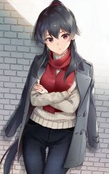 Rule 34 | 1girl, black hair, black pants, blush, buttons, closed mouth, coat, coat on shoulders, cowboy shot, crossed arms, grey coat, hair between eyes, ichinomiya (blantte), kantai collection, long hair, long sleeves, official alternate costume, pants, ponytail, red eyes, red scarf, scarf, solo, sweater, very long hair, white sweater, yahagi (kancolle)