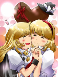 Rule 34 | 2girls, alice margatroid, bad id, bad pixiv id, blonde hair, blush, braid, capelet, cheek-to-cheek, couple, closed eyes, female focus, hairband, holding hands, happy, hat, heads together, heart, interlocked fingers, kirisame marisa, multiple girls, non (z-art), touhou, valentine, witch, witch hat, wristband, yuri