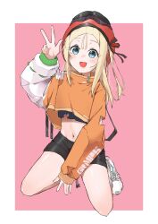 Rule 34 | 1girl, absurdres, bike shorts, black shorts, blonde hair, blue eyes, blush, character name, clothes writing, full body, girls&#039; frontline, hand up, highres, inset border, kneeling, long hair, looking at viewer, midriff, mp5 (girls&#039; frontline), navel, open mouth, pink background, red headwear, shoes, shorts, smile, sneakers, solo, w, white footwear, yakiniku-joan.