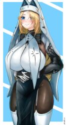 Rule 34 | 1girl, 8eighteye, blonde hair, blue eyes, blush, bodystocking, braid, breasts, closed mouth, cross, cross necklace, cross tattoo, facial mark, forehead mark, goddess of victory: nikke, habit, hands on own stomach, highres, huge breasts, jewelry, legwear garter, long hair, necklace, nun, pelvic curtain, rapunzel (nikke), smile, solo, thighhighs, veil, very long hair, white thighhighs, white veil