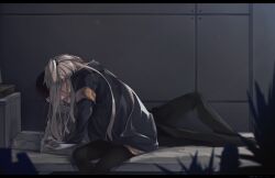Rule 34 | 1boy, 1girl, 404 logo (girls&#039; frontline), armband, black pantyhose, brown hair, commentary request, girls&#039; frontline, hand on another&#039;s head, hetero, hood, hooded jacket, implied kiss, jacket, letterboxed, long hair, lying, on bed, one side up, pants, pantyhose, short hair, sitting, tsuki tokage, ump45 (girls&#039; frontline), yellow armband