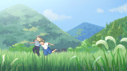 Rule 34 | 2boys, black pants, blue shorts, blue sky, brown hair, child, closed eyes, cloud, collared shirt, day, dot nose, facing viewer, field, full body, grass, grey shirt, grin, hair between eyes, highres, kojiro337, landscape, male focus, mountain, multiple boys, nature, open mouth, original, outdoors, outstretched arms, pants, plant, sandals, scenery, shirt, short hair, short sleeves, shorts, signature, sky, smile, t-shirt, teeth, tree, white shirt, wide shot