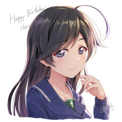 Rule 34 | 1girl, ahoge, artist name, black eyes, black hair, blue coat, character name, closed mouth, coat, commentary, dated, english text, girls und panzer, happy birthday, highres, isuzu hana, long hair, long sleeves, looking at viewer, ooarai school uniform, portrait, school uniform, shamakho, signature, simple background, smile, solo, white background