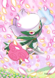 Rule 34 | 1girl, arms up, artist name, blue flower, blue rose, chromatic aberration, colored skin, creatures (company), day, falling petals, female focus, field, flat chest, flower, flower field, full body, game freak, gen 4 pokemon, green skin, half-closed eyes, happy, highres, jumping, looking at viewer, monster girl, multicolored skin, nintendo, open mouth, outdoors, outstretched arms, petals, pink background, pink flower, pink sky, plant girl, pokemon, pokemon (creature), red eyes, red flower, red rose, rose, roserade, short hair, sky, smile, solo, two-tone skin, watermark, white hair, yellow flower, yukari (yukari21653710)