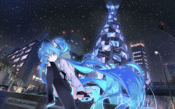 Rule 34 | 1girl, beek, blue eyes, blue hair, boots, city, hatsune miku, highres, long hair, matching hair/eyes, nail polish, night, sitting, smile, snowing, solo, thigh boots, thighhighs, twintails, very long hair, vocaloid