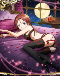 Rule 34 | 1girl, ass, bed, black panties, black thighhighs, bra, breasts, card (medium), garter belt, garter straps, lingerie, long hair, lying, minna-dietlinde wilcke, moon, multicolored bra, multicolored clothes, multicolored panties, official art, on side, panties, petals, pillow, red eyes, red hair, red panties, rose petals, sideboob, smile, solo, strike witches, thighhighs, underwear, world witches series