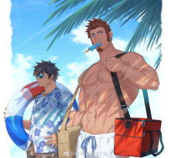Rule 34 | 00047, 2boys, abs, alternate costume, bara, bare pectorals, beach, blue eyes, brown hair, bulge, carrying over shoulder, cross scar, day, facial hair, fate/grand order, fate (series), food, fujimaru ritsuka (male), fujimaru ritsuka (male) (tropical summer), goatee, hawaiian shirt, highres, ice cream, innertube, male focus, male swimwear, mature male, mouth hold, multiple boys, muscular, muscular male, napoleon bonaparte (fate), navel, nipples, official alternate costume, outdoors, pectorals, popsicle, scar, scar on chest, shade, shirt, short hair, sideburns, star-shaped eyewear, star (symbol), stomach, sunglasses, sunlight, swim ring, swim trunks, tropical summer (fate), white male swimwear