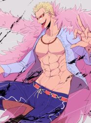 Rule 34 | 1boy, abs, blonde hair, capri pants, coat, collarbone, commentary, donquixote doflamingo, earrings, feather coat, jewelry, leg hair, male focus, muscular, muscular male, nashieda, navel, necklace, one piece, open clothes, open mouth, pants, pectorals, pink coat, purple pants, red-tinted eyewear, shirt, shoes, short hair, solo, sunglasses, thread, tinted eyewear, tongue, tongue out, white-framed eyewear