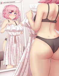 Rule 34 | 1girl, absurdres, bare shoulders, black bra, black panties, blush, bra, cowboy shot, dimples of venus, doki doki literature club, dress, unworn dress, from behind, hair ornament, hair ribbon, hairclip, highres, holding, holding clothes, holding dress, indoors, mirror, natsuki (doki doki literature club), panties, pink eyes, pink hair, raion (raionart), ribbon, shiny skin, short hair, solo, two side up, underwear, underwear only, white dress