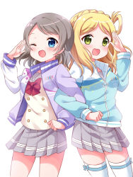 Rule 34 | 2girls, :d, ;d, blonde hair, blue eyes, blue jacket, bow, bowtie, braid, clenched hand, cowboy shot, crown braid, double-breasted, green eyes, grey hair, grey skirt, hair rings, highres, jacket, locked arms, long sleeves, looking at viewer, love live!, love live! sunshine!!, medium hair, multiple girls, ohara mari, one eye closed, open mouth, pipette1223, pleated skirt, purple jacket, red neckwear, salute, school uniform, serafuku, short hair, simple background, skirt, smile, thighhighs, uranohoshi school uniform, watanabe you, white background, white legwear