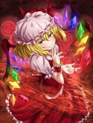 Rule 34 | 1girl, blonde hair, blouse, collared shirt, embodiment of scarlet devil, female focus, flandre scarlet, grin, hat, highres, looking up, magic circle, mishia, mob cap, red background, red eyes, red wrist cuffs, shirt, smile, solo, touhou, white shirt, wings, wrist cuffs