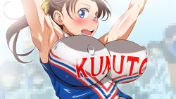 Rule 34 | 1girl, armpits, arms up, blue eyes, blush, breasts, brown hair, cheerleader, covered erect nipples, gradient background, highres, huge breasts, impossible clothes, impossible shirt, kunifuto, large breasts, open mouth, shirt, smile, wallpaper
