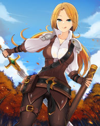 Rule 34 | 1girl, bag, belt, blonde hair, blue eyes, breasts, bug, butterfly, fingerless gloves, gloves, bug, large breasts, long hair, long sleeves, low twintails, onigensou, original, pants, scabbard, sheath, solo, sword, thigh strap, tongue, tongue out, twintails, weapon