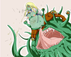 Rule 34 | 1girl, 6rinne, agrias oaks, all the way through, armor, arms behind back, blonde hair, braid, breasts, colored skin, corruption, female focus, final fantasy, final fantasy tactics, green skin, huge tongue, inflation, long hair, long tongue, malboro, midriff, monster, monster girl, nipple penetration, nipples, open mouth, orange eyes, pants, sharp teeth, simple background, single braid, solo, spread legs, stomach bulge, teeth, tongue, tongue out, transformation