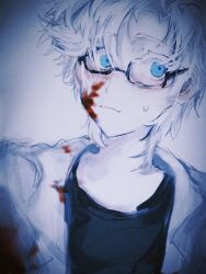 Rule 34 | 1boy, black shirt, blood, blood on clothes, blood on face, blue eyes, chinese commentary, closed mouth, colored eyelashes, commentary request, film grain, glasses, hao xiang si, highres, kanou aogu, lab coat, male focus, open clothes, pale skin, portrait, rectangular eyewear, saibou shinkyoku, semi-rimless eyewear, shirt, short hair, solo, sweat, white hair
