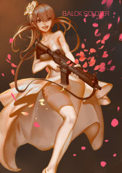 Rule 34 | 1girl, :d, absurdres, artist name, assault rifle, bare shoulders, black soldier, breasts, bride, brown background, brown eyes, brown hair, brown theme, collarbone, cowboy shot, dress, elbow gloves, eyelashes, feet out of frame, flower, garter straps, gloves, gun, hair between eyes, hair flower, hair ornament, highres, holding, holding gun, holding weapon, lace, lace-trimmed dress, lace-trimmed gloves, lace-trimmed legwear, lace trim, long hair, looking afar, low twintails, matching hair/eyes, nose, open mouth, original, panties, pantyshot, petals, rifle, smile, solo, standing, standing on one leg, strapless, strapless dress, teeth, thighhighs, twintails, two-handed, typo, underwear, weapon, wedding dress, white dress, white gloves, white panties, white thighhighs