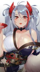 Rule 34 | 1girl, :p, absurdres, antenna hair, azur lane, bare shoulders, blush, breasts, cleavage, cross, cup, dripping, floral print, hair between eyes, hand up, highres, holding, holding cup, iron cross, japanese clothes, kimono, large breasts, long hair, looking at viewer, maitei roppa, multicolored hair, obi, off shoulder, prinz eugen (azur lane), prinz eugen (profusion of flowers) (azur lane), red eyes, red ribbon, ribbon, sakazuki, sash, sideboob, sidelocks, silver hair, solo, streaked hair, tassel, tongue, tongue out, twintails, upper body