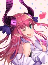 Rule 34 | 1girl, ;d, aqua eyes, bare shoulders, elizabeth bathory (fate), fang, fate/extra, fate (series), heart, horns, long hair, minami ikkei, one eye closed, open mouth, pink hair, pink nails, pointing, pointing at self, pointy ears, smile, solo