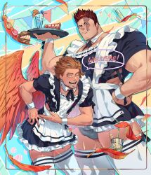 Rule 34 | 2boys, absurdres, alternate costume, apron, arm hair, bara, beard, beard stubble, black dress, black nails, boku no hero academia, bowing, bulge, clothing cutout, crossdressing, dress, endeavor (boku no hero academia), enmaided, facial hair, feathered wings, feathers, hawks (boku no hero academia), highres, holding, holding tray, large pectorals, maid, maid apron, maid day, male focus, mature male, multiple boys, muscular, muscular male, nipples, pectorals, punbun 4fun, red feathers, scar, scar across eye, short hair, short sleeves, side cutout, spiked hair, stubble, thick thighs, thighhighs, thighs, tray, white apron, white thighhighs, wings, wrist cuffs, yaoi