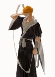 Rule 34 | 1boy, absurdres, arm up, bandaged arm, bandages, bleach, collarbone, eyes visible through hair, grey background, hair between eyes, highres, holding, holding bandages, holding sword, holding weapon, huge weapon, kurosaki ichigo, looking at viewer, male focus, orange hair, parted lips, simple background, smile, solo, spicy oneself, sword, teeth, torn, torn clothes, veins, weapon, weapon on back, wide sleeves