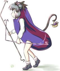 Rule 34 | 1girl, animal ears, basket, cosplay, dowsing rod, eggplant, female focus, food as clothes, grey hair, kigurumi, merri, mouse (animal), mouse ears, mouse tail, nazrin, solo, standing, tail, touhou, what, white background