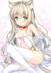 Rule 34 | 1girl, animal ear fluff, animal ears, babydoll, bell, blush, breasts, cat ears, cat tail, collar, collarbone, emily (pure dream), green eyes, hair between eyes, highres, light brown hair, lingerie, looking at viewer, neck bell, negligee, original, panties, see-through, sitting, small breasts, solo, tail, thighhighs, underwear, white panties, white thighhighs