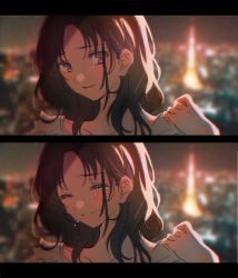 Rule 34 | 1girl, blurry, blurry background, blush, brown hair, city, city lights, cityscape, closed mouth, collarbone, crying, crying with eyes open, highres, hmng, long hair, looking at viewer, multiple views, night, open mouth, original, purple eyes, shirt, smile, tears, tokyo (city), tokyo tower, white shirt