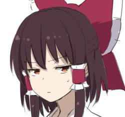 Rule 34 | 1girl, :|, bow, brown eyes, brown hair, closed mouth, hair bow, hair tubes, hakurei reimu, leon (mikiri hassha), looking at viewer, portrait, red bow, short hair, sidelocks, simple background, solo, sweat, touhou, white background