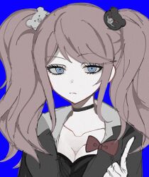 Rule 34 | 1girl, anjeu (uuci925), bear hair ornament, black choker, blonde hair, blue background, blue eyes, bow, breasts, choker, cleavage, collarbone, danganronpa: trigger happy havoc, danganronpa (series), enoshima junko, frown, hair ornament, hand up, index finger raised, large breasts, long hair, red bow, simple background, solo, twintails