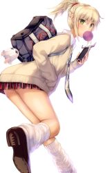Rule 34 | 1girl, ass, bag, blonde hair, braid, brown footwear, blowing bubbles, cellphone, chewing gum, fate/apocrypha, fate/grand order, fate (series), green eyes, hair between eyes, half updo, hand up, holding, holding phone, loafers, looking at viewer, loose socks, medjed (fate), miniskirt, mordred (fate), mordred (fate/apocrypha), phone, plaid, plaid skirt, pleated skirt, ponytail, red skirt, satou daiji, school uniform, shoes, shoulder bag, sidelocks, simple background, skirt, sleeves past wrists, smartphone, socks, solo, thighs, white background