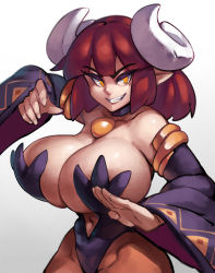 Rule 34 | 1girl, areola slip, black choker, breasts, brown pantyhose, choker, cleavage, demon girl, demon horns, detached sleeves, disgaea, eyeshadow, fang, fighting stance, grin, highres, horns, huge breasts, impossible clothes, impossible leotard, leotard, looking at viewer, makai senki disgaea, makeup, maou prier, medium hair, mole, mole under eye, navel, pantyhose, pointy ears, prier, purple eyeshadow, purple leotard, red hair, smile, solo, strapless, strapless leotard, wide sleeves, yellow eyes, zako (arvinry)