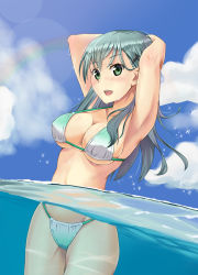 Rule 34 | 10s, 1girl, armpits, arms behind head, arms up, bikini, blush, breasts, cleavage, covered erect nipples, female focus, green eyes, green hair, highres, kantai collection, large breasts, long hair, matching hair/eyes, navel, open mouth, skyrail, smile, solo, standing, suzuya (kancolle), swimsuit, water