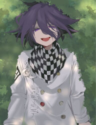 Rule 34 | 1boy, 345 myk, :d, bush, buttons, checkered clothes, checkered neckerchief, checkered scarf, danganronpa (series), danganronpa v3: killing harmony, double-breasted, grey jacket, half-closed eyes, highres, jacket, long sleeves, male focus, neckerchief, oma kokichi, open mouth, purple eyes, scarf, smile, solo, upper body