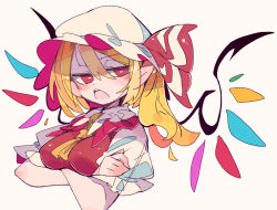 Rule 34 | 1girl, arms under breasts, ascot, ascot between breasts, blonde hair, blouse, bow, breasts, bright pupils, cropped torso, crossed arms, crystal, ears visible through hair, flandre scarlet, frilled shirt, frilled shirt collar, frilled sleeves, frills, hair between eyes, hat, hat ribbon, looking at viewer, massakasama, medium breasts, medium hair, mob cap, one side up, open mouth, pointy ears, puffy short sleeves, puffy sleeves, red bow, red eyes, red ribbon, red vest, ribbon, see-through, see-through sleeves, shirt, short sleeves, solo, teeth, touhou, upper body, upper teeth only, vest, white hat, white pupils, white shirt, wings, yellow ascot