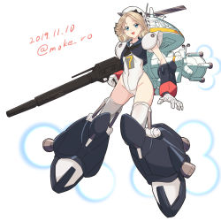 Rule 34 | 1girl, alternate costume, artist name, black neckwear, blonde hair, blue eyes, blue sailor collar, commentary request, dated, ginga hyouryuu vifam, gun, hat, janus (kancolle), kantai collection, leotard, machinery, mecha musume, moke ro, name connection, parted bangs, sailor collar, sailor hat, short hair, smile, solo, weapon, weapon request, white background, white hat, white leotard
