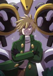 Rule 34 | 1boy, belt, belt buckle, black belt, black gloves, blonde hair, brown eyes, brown pants, buckle, buttons, closed mouth, coat, commentary request, creatures (company), crossed arms, game freak, gen 4 pokemon, gloves, green coat, grey shirt, hair between eyes, he72oh, high collar, highres, legendary pokemon, male focus, nintendo, open clothes, open coat, palmer (pokemon), pants, pokemon, pokemon (creature), pokemon dppt, regigigas, shirt, smile, spiked hair