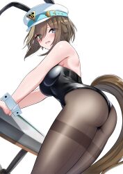 Rule 34 | 1girl, animal ears, ass, back-seamed legwear, bent over, blue eyes, breasts, brown hair, cheval grand (umamusume), commentary request, fake animal ears, herohero (higashi no dou), highres, horse ears, horse girl, horse tail, leotard, looking at viewer, medium breasts, open mouth, pantyhose, playboy bunny, rabbit ears, seamed legwear, simple background, solo, sweat, table, tail, thighband pantyhose, umamusume, white background