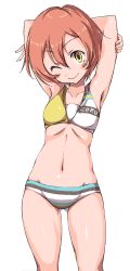 Rule 34 | 10s, 1girl, armpits, arms behind head, arms up, bikini, blush, breasts, brown hair, closed mouth, clothes writing, collarbone, gluteal fold, hair between eyes, hip focus, hoshizora rin, looking at viewer, love live!, love live! school idol festival, love live! school idol project, mismatched bikini, multicolored bikini, multicolored clothes, navel, one eye closed, sen (sen0910), short hair, simple background, small breasts, smile, solo, striped bikini, striped clothes, swimsuit, thighs, v, white background, yellow eyes